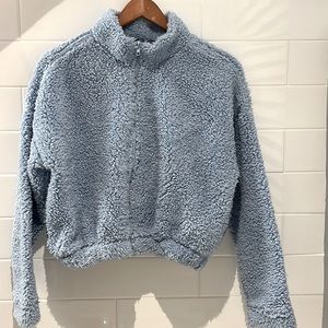 Drop Shoulder Zip-Up Crewneck Light Blue Hoodie